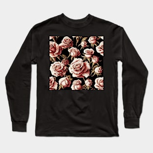 Vintage Blush Brown Roses on Dark Background Long Sleeve T-Shirt